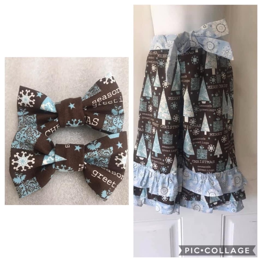 NWOT Size 2 Machine Sewn belted Brown /blue/white Christmas pants/bows
